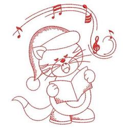 Redwork Singing Kitty - 4x4 kitten redwork embroidery design for kitchen tea towels