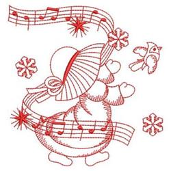 Redwork snowman in a hat and scarf, surrounded by musical notes and snowflakes. A festive winter scene.