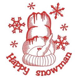 Redwork snowman with a cheerful face and hat, surrounded by delicate snowflakes and 'Happy snowman' text.