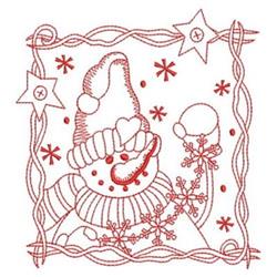 Redwork snowman with a striped hat and scarf, framed with playful stars and snowflakes, perfect for winter decor.