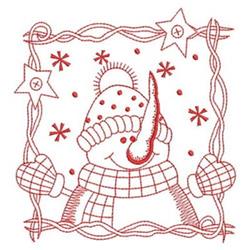 Redwork snowman with a carrot nose, wearing a cozy hat and scarf, surrounded by playful stars and snowflakes.
