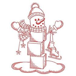 Redwork snowman with winter hat and scarf, holding skates, surrounded by whimsical snowflakes and stars.