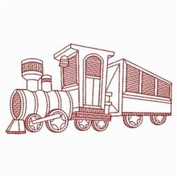 Redwork steam train featuring a detailed engine, train car, and distinct wheels in simple line art.