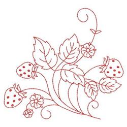 Redwork strawberries with distinct seeds and lush green leaves, accented by delicate flowers, perfect for spring projects.