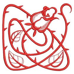 Redwork stylized rose with flowing red thread, surrounded by thorns and delicate leaves.