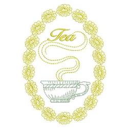 Redwork teacup with delicate steam, surrounded by a floral border in soft pastels, evokes a whimsical charm.