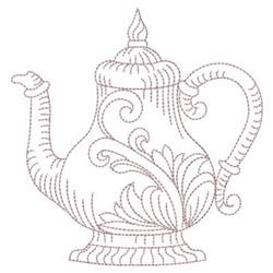 Redwork teapot with a curved handle and decorative swirls, outlined in soft red, showcasing vintage elegance.