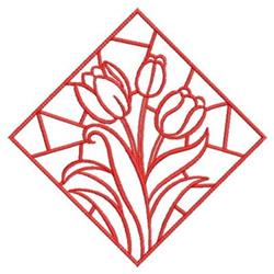 Redwork tulips in a diamond shape with curving leaves, featuring vibrant red thread on a pale backdrop.