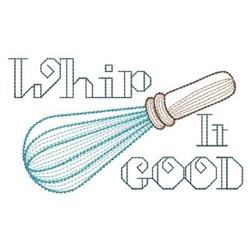 Redwork whisk design with swirling blue lines and bold 'Whip It Good' text, perfect for playful kitchen decor.