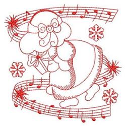 Redwork whimsical character in winter attire holding a gift, surrounded by musical notes, snowflakes, and festive stars.