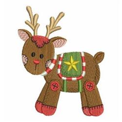 Playful reindeer with a brown body and green saddle, featuring red accents, perfect for Christmas decor.