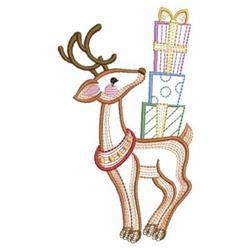 Playful reindeer with vibrant collar balancing colorful gift boxes, embodying festive Christmas cheer.