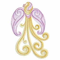 Rippled angel with flowing purple wings and intricate golden swirls, exuding whimsical elegance.