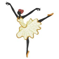 Rippled ballet dancer with a vibrant yellow dress and orange trim, elegantly posed in a striking silhouette.