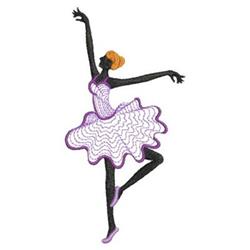 Rippled ballet dancer in a graceful pose, featuring a black silhouette, flowing purple dress, and vibrant orange hair.