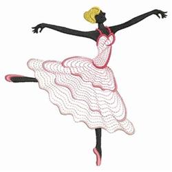 Rippled ballet dancer in a dynamic pose, showcasing a flowing white dress with pink accents and vibrant blonde hair.