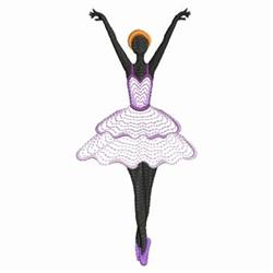 Rippled ballet dancer in a whimsical pose, arms raised high, wearing a white tutu with purple accents.