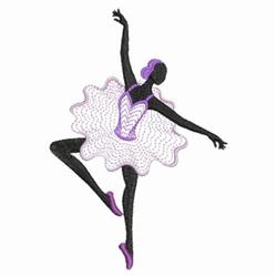 Rippled ballet dancer in black, with a frilly white tutu accented in lavender and pink, striking an elegant pose.