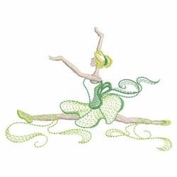 Rippled ballet dancer in vibrant green dress mid-leap, with flowing ribbons creating a whimsical feel.