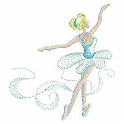 Rippled ballet dancer in a light blue tutu, gracefully posed with swirling lines suggesting elegant movement.