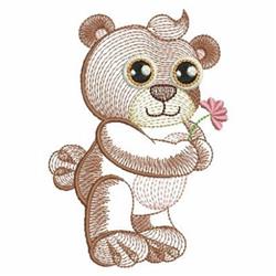 Rippled bear holding a pink flower with large eyes, in a playful cartoon style, perfect for spring.