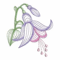 Rippled bellflower with purple petals, green stem, and pink accents, showcasing a whimsical springtime design.