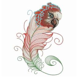 Rippled bird head with vibrant feathers in red, green, and blue, featuring elegant swirling lines.