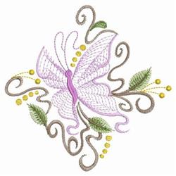 Rippled butterfly in soft pink, surrounded by green leaves and playful yellow dots, creating a whimsical design.