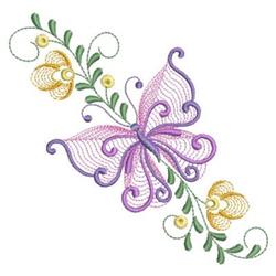 Rippled butterfly with vibrant purple wings, surrounded by delicate yellow flowers and elegant swirls.