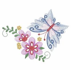 Rippled butterfly with intricate blue and white wings, surrounded by vibrant pink flowers and green leaves.