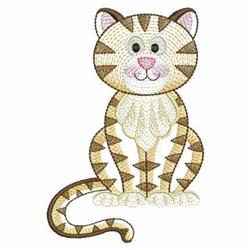Rippled cat with playful tiger stripes, round face, large eyes, and cheerful expression.
