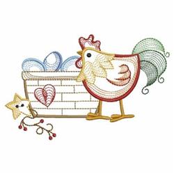 Rippled chicken beside a colorful basket of blue eggs, adorned with a heart motif, perfect for Easter.