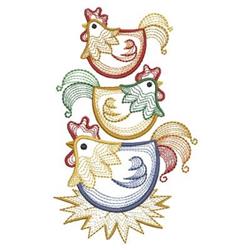 Rippled chicken stack with three colorful chickens, detailed lines, and a playful design on a circular base.
