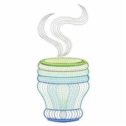Rippled coffee cup in cheerful blue and green shades with wispy steam rising, featuring a minimalistic design.