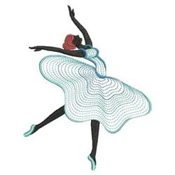 Rippled dancer in a flowing white dress with aqua accents, showcasing expressive movement and curly red hair.