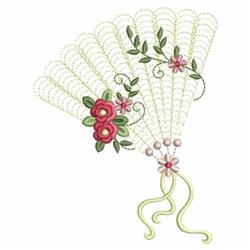 Rippled decorative fan featuring pink roses and green leaves, with intricate scalloped details, perfect for spring.