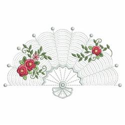 Rippled decorative fan adorned with pink roses, green foliage, and delicate scalloped edges.
