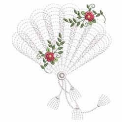 Rippled decorative fan with elegant floral details, featuring red roses and green leaves, showcasing delicate lines.