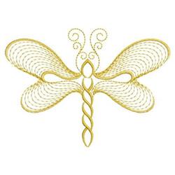 Rippled dragonfly with intricate swirling golden wings and a graceful body, showcasing delicate details.