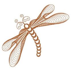 Rippled dragonfly with swirling, delicate wings and concentric circle body in earthy tones.