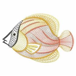 Rippled fish design in vibrant yellow and orange, featuring whimsical curved shapes and thin outlines.