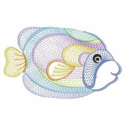 Rippled fish in vibrant pastel colors features a round body, detailed eye, and playful curved lines.