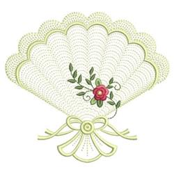 Rippled decorative fan with scalloped edges, vibrant rose, green leaves, and a charming bow.