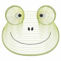 Rippled frog face with large eyes, a wide smile, and light green outline, playful design for kids.