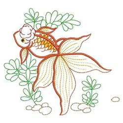 Rippled goldfish with elongated fins swims among vibrant green plants and smooth stones in a colorful underwater scene.