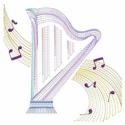 Rippled harp in pastel lavender and yellow, adorned with flowing lines and scattered musical notes.