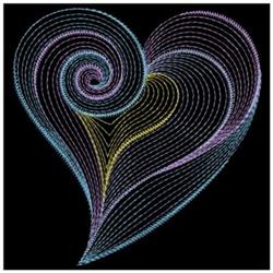 Rippled heart design with swirling colorful lines in purple, blue, and yellow on a black background.
