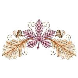 Rippled maple leaf in burgundy and pink hues, adorned with golden acorns and ornamental leaves, celebrating autumn.