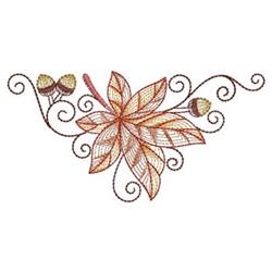 Rippled maple leaf in warm orange and red with detailed acorns and elegant swirling vines for autumn decor.
