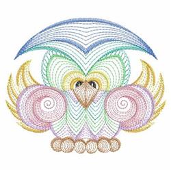 Rippled owl featuring vibrant colorful feathers, large expressive eyes, and swirling pastel patterns.